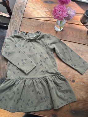 Kids' Olive Green Long-Sleeve Casual Dress